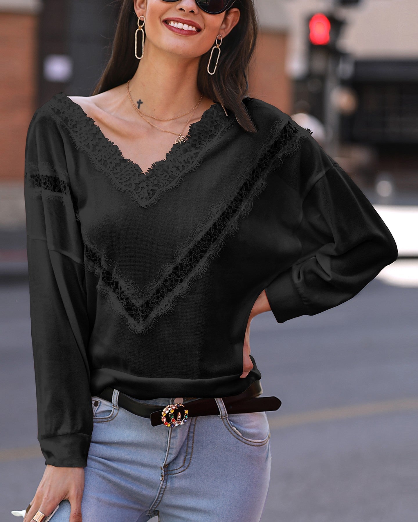 Solid Lace Hollow Out Detail Sweater