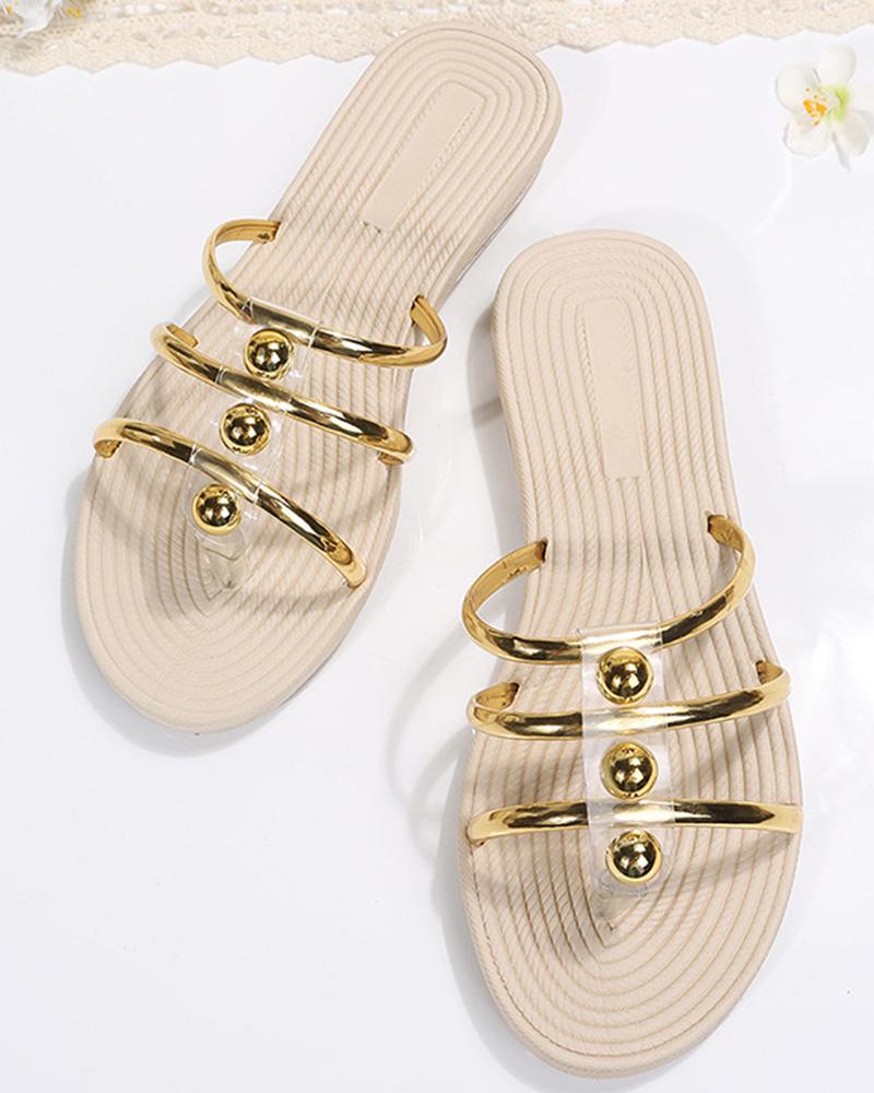 Multi Strap Pearls Decor Hollow Out Beach Slippers