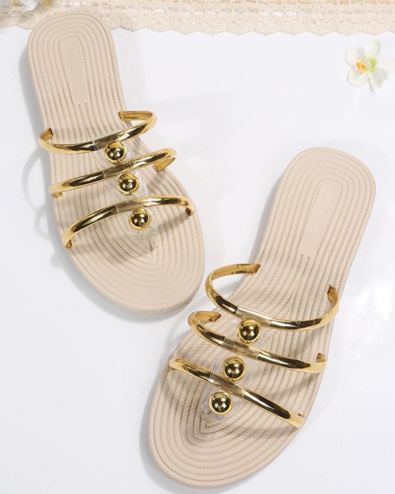 Multi Strap Pearls Decor Hollow Out Beach Slippers