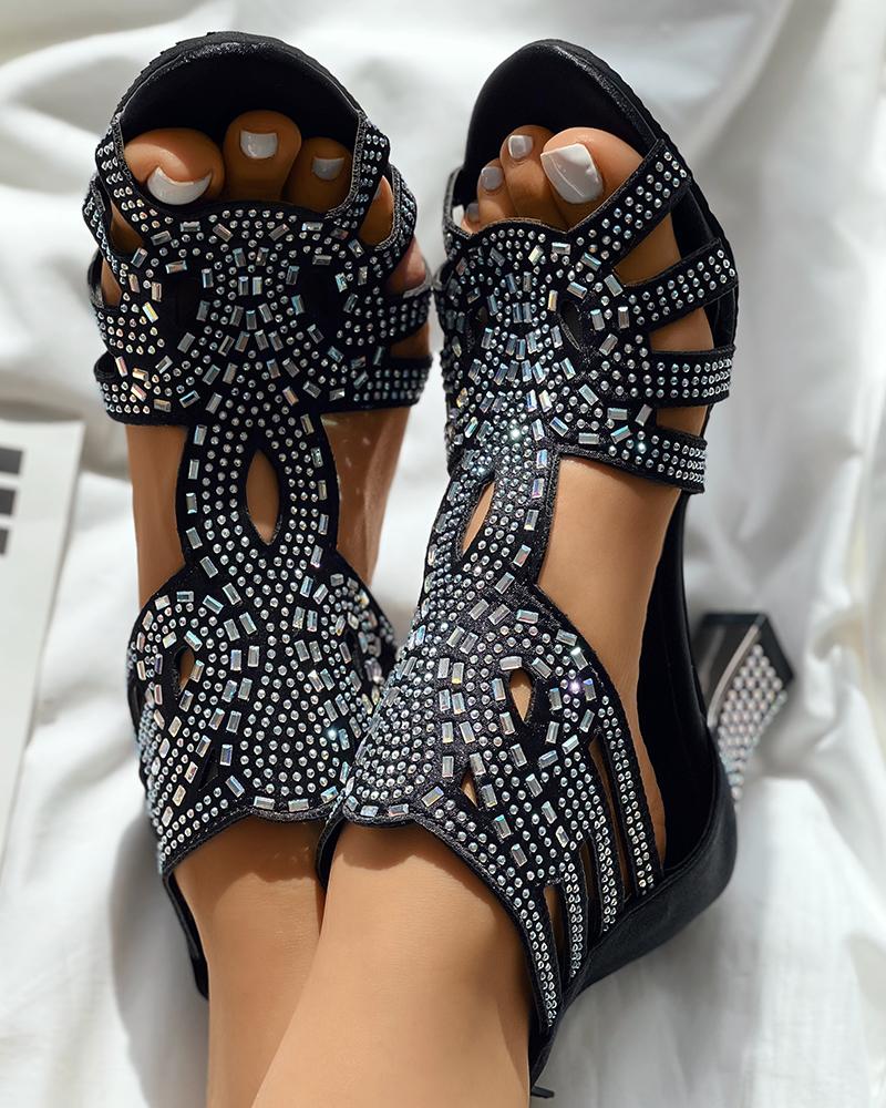 Hollow Out Rhinestone Decor Dance Heels