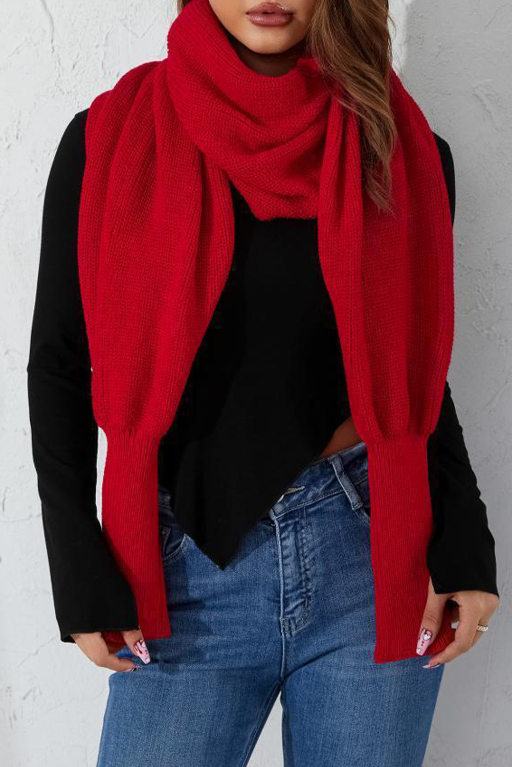 Fiery Red Wrap Up Sleeved Plain Knit Scarf