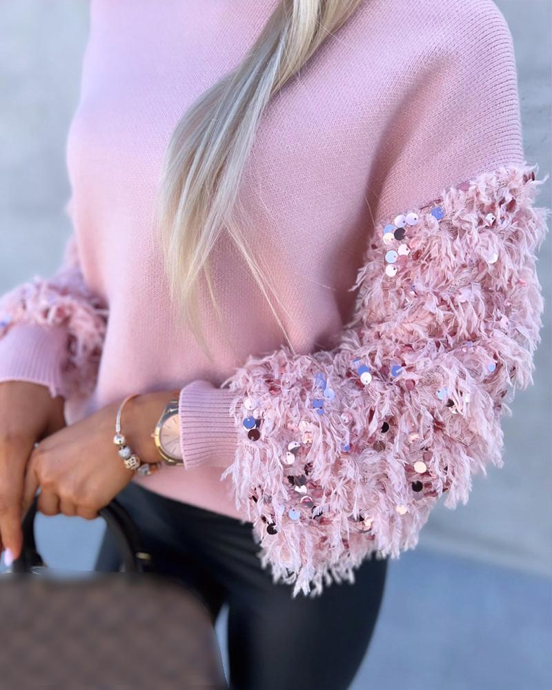 Contrast Sequin Fluffy Detail Long Sleeve Knit Sweater Casual Pullover Top