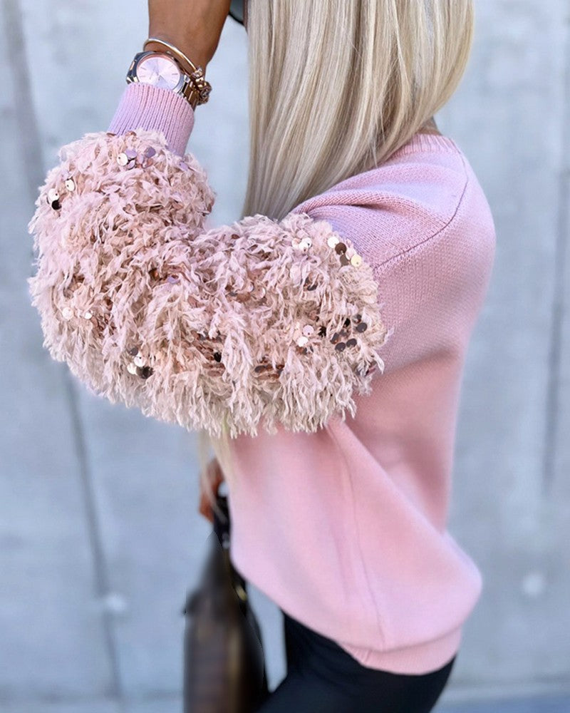 Contrast Sequin Fluffy Detail Long Sleeve Knit Sweater Casual Pullover Top