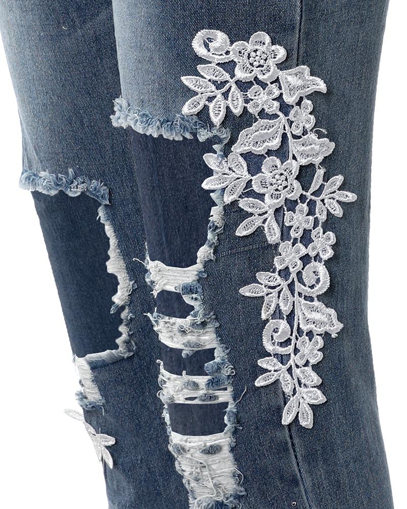 Contrast Lace Cutout Ripped Raw Hem Skinny Jeans