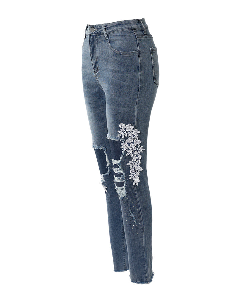 Contrast Lace Cutout Ripped Raw Hem Skinny Jeans