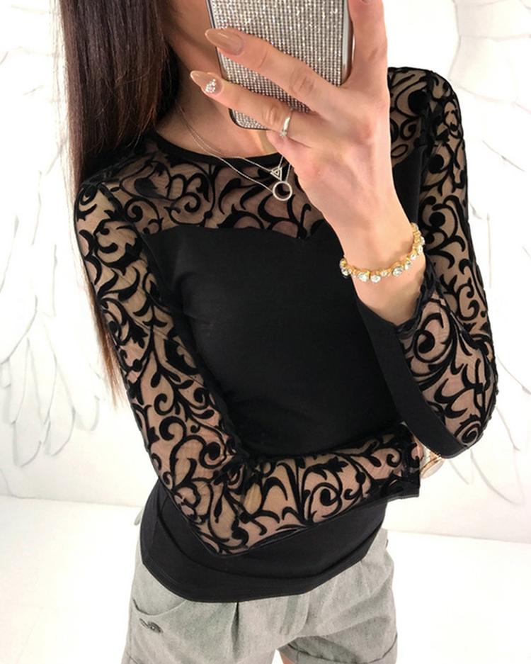 Sheer Mesh Appliqued Patchwork Blouse