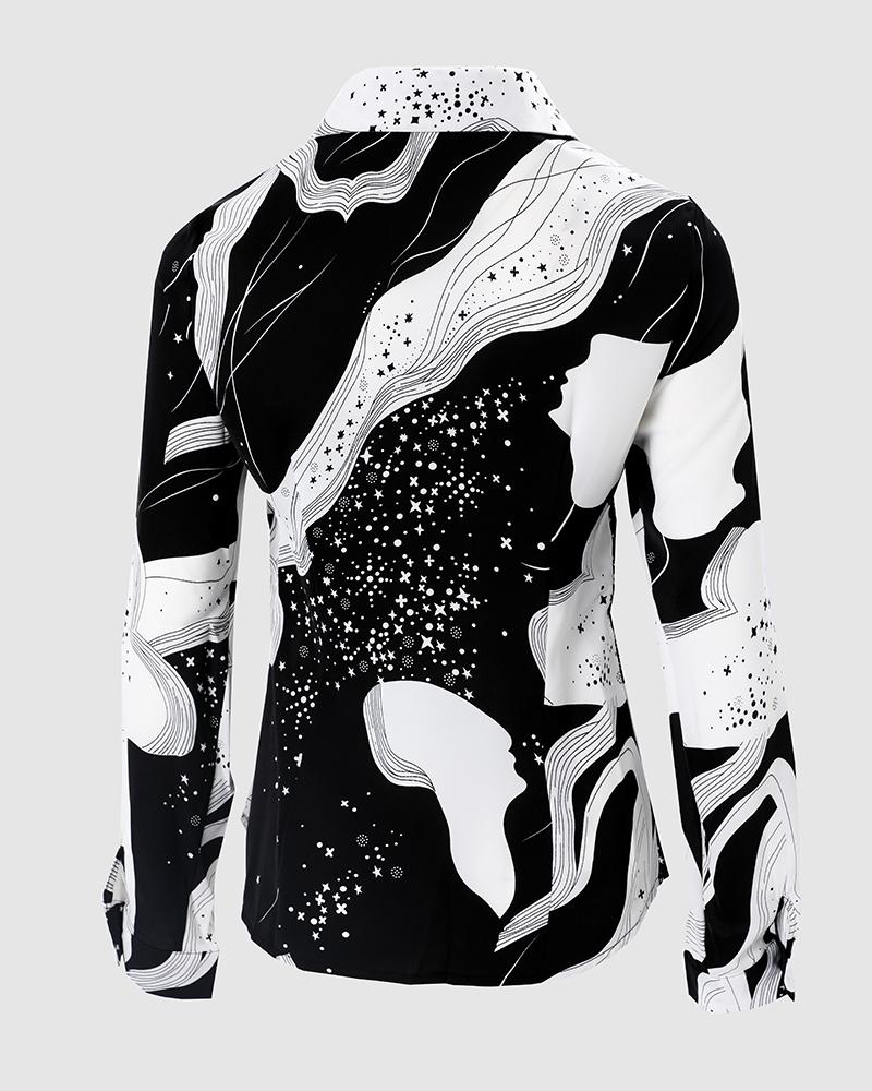 Graphic Print Button Up Long Sleeve Top