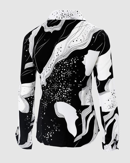 Graphic Print Button Up Long Sleeve Top