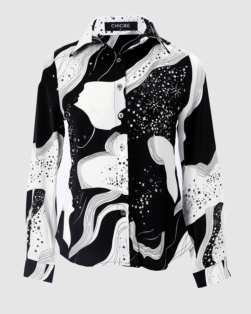 Graphic Print Button Up Long Sleeve Top