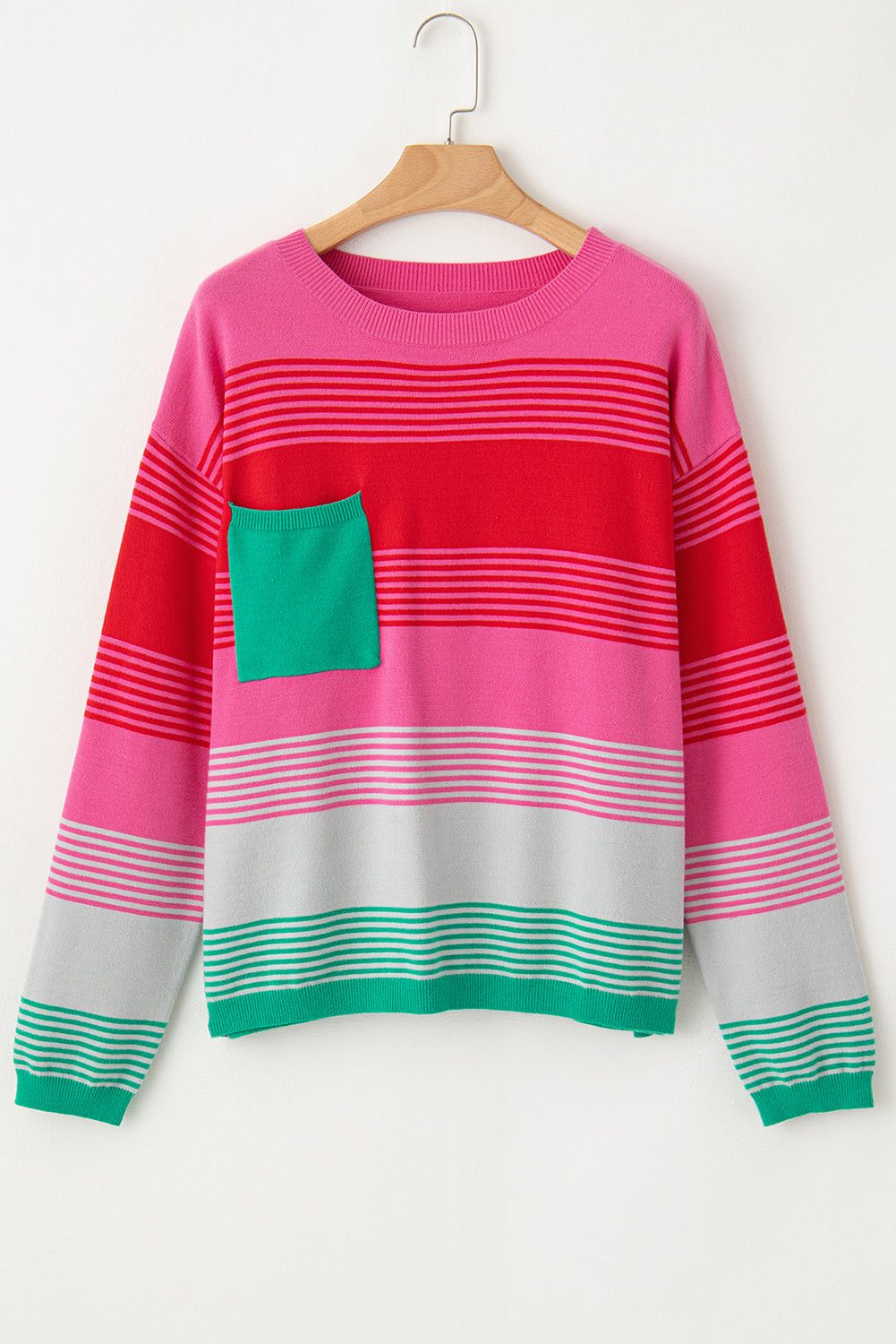 Rose Striped Knit Patch Pocket Drop Shoulder Sweater