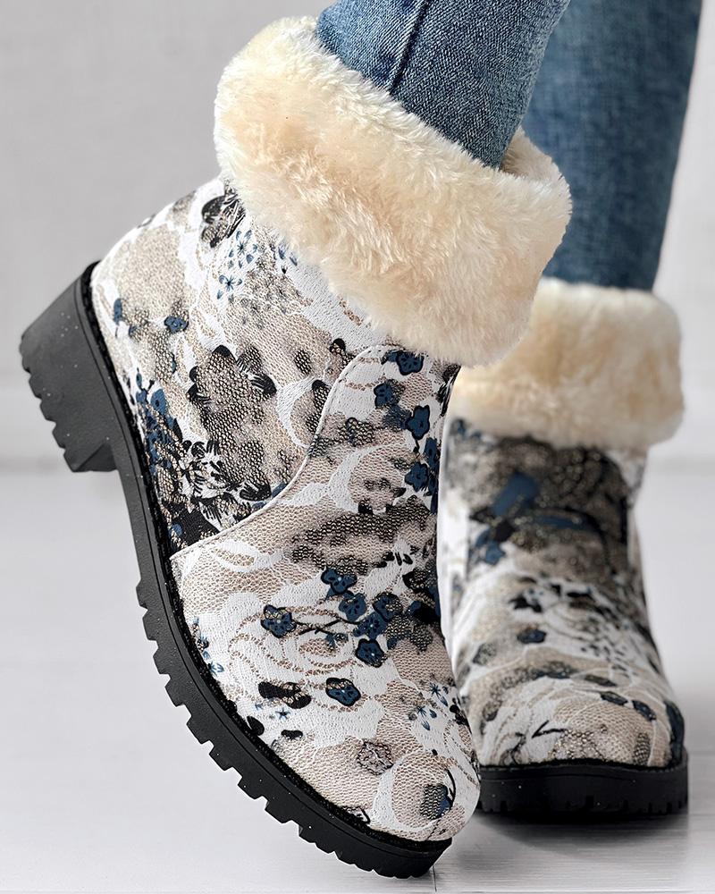 Floral Print Fuzzy Lined Ankle Boots