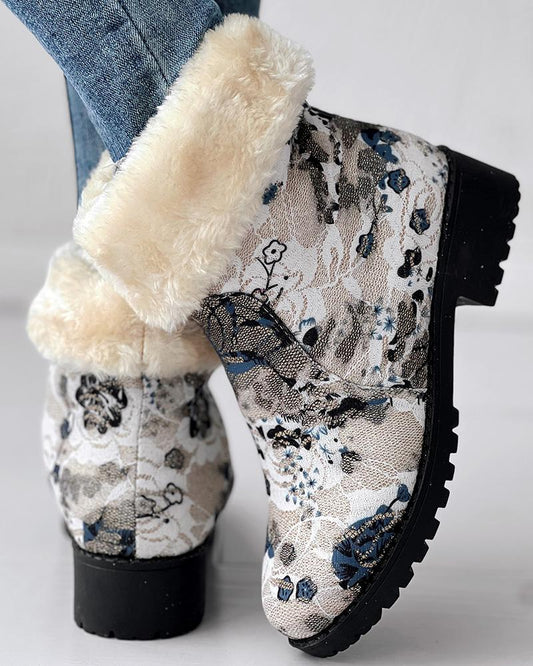 Floral Print Fuzzy Lined Ankle Boots