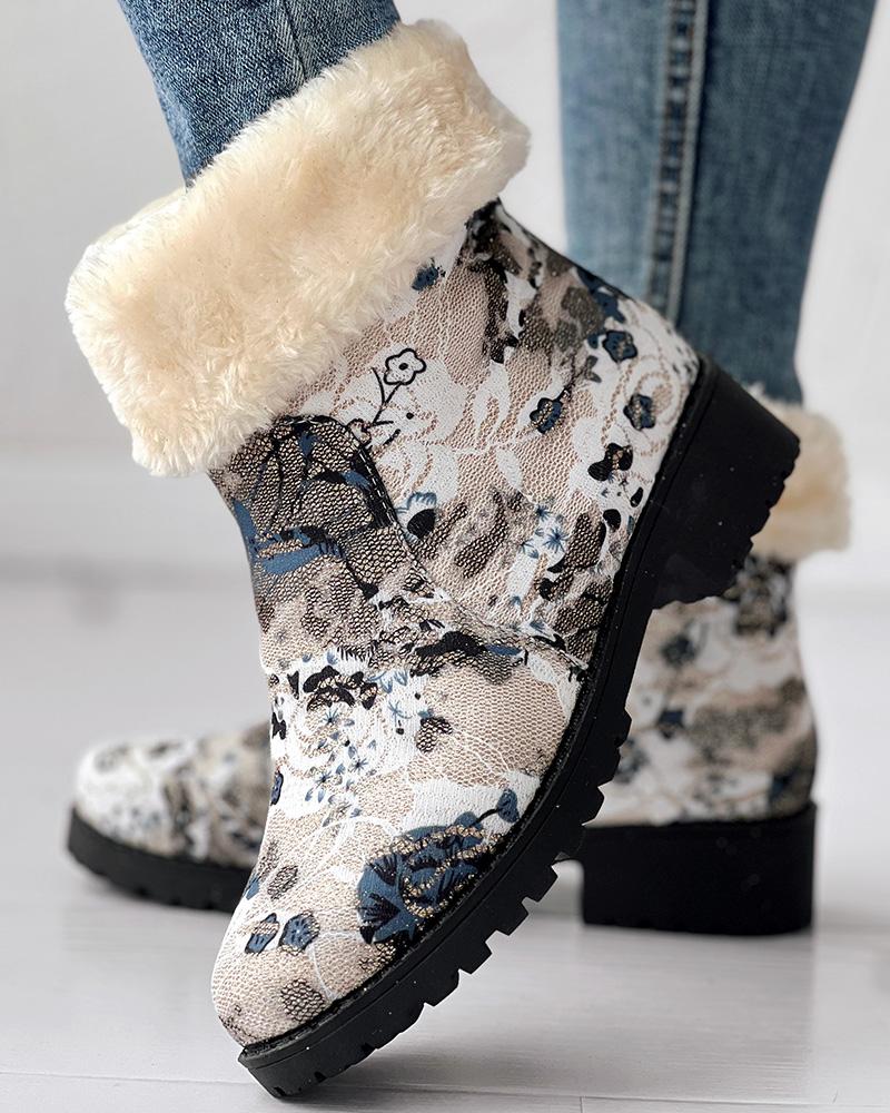 Floral Print Fuzzy Lined Ankle Boots