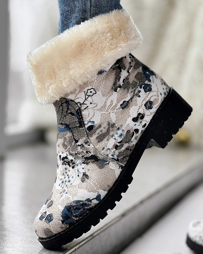 Floral Print Fuzzy Lined Ankle Boots