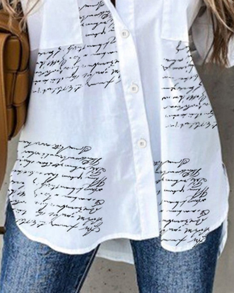 Letter Print Pocket Detail Button Down Shirt