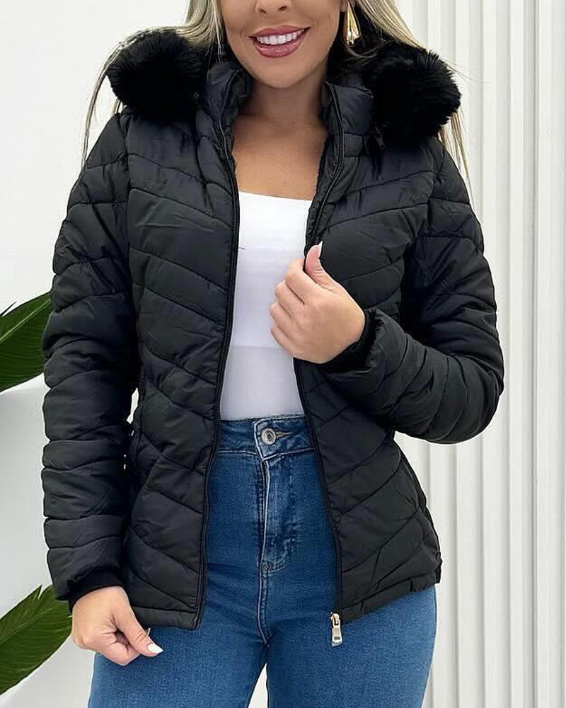 Zipper Pocket Design Shirred Fuzzy Trim Lined Hooded Puffer Jacket