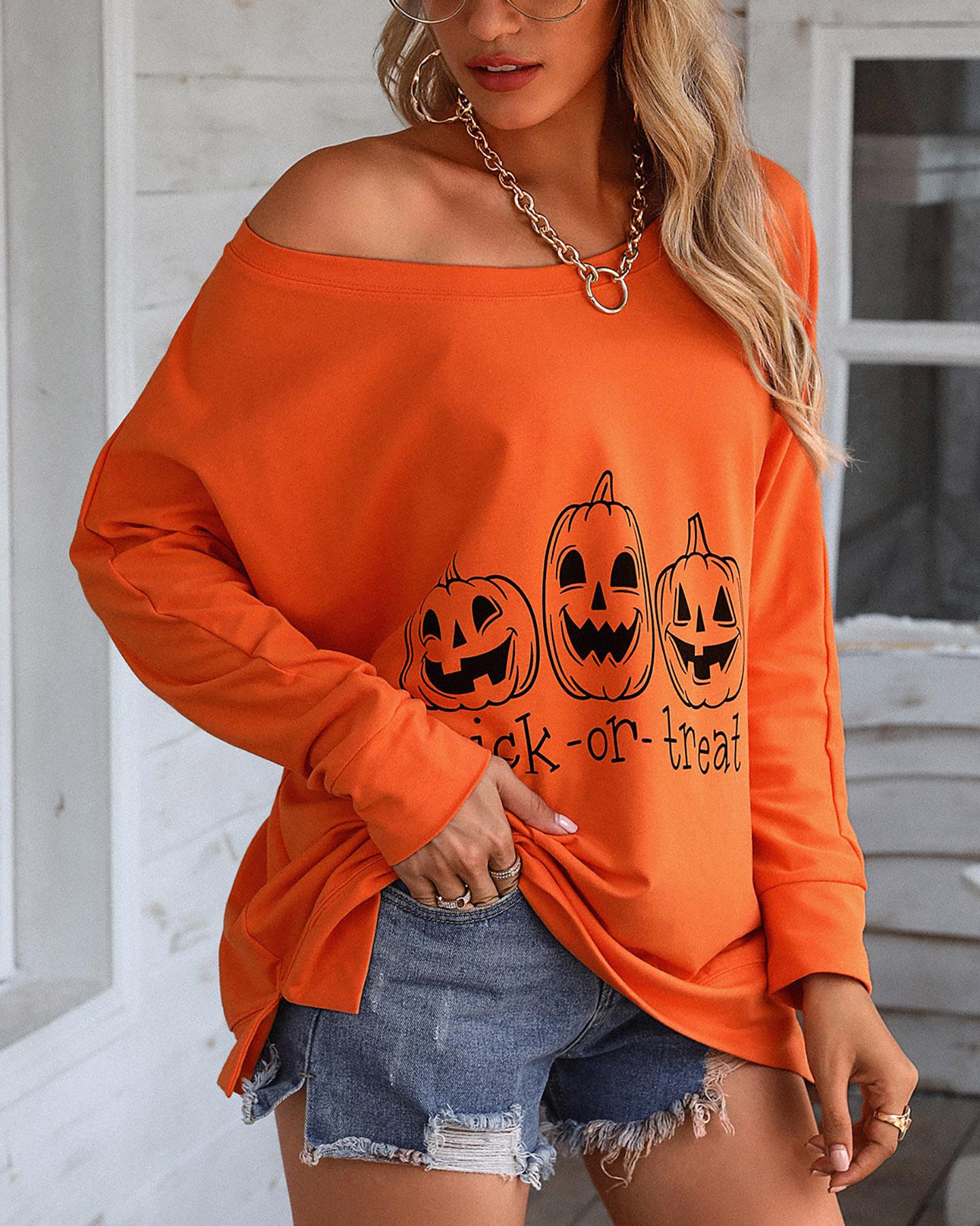 Halloween Letter Pumpkin Print Casual Sweatshirt