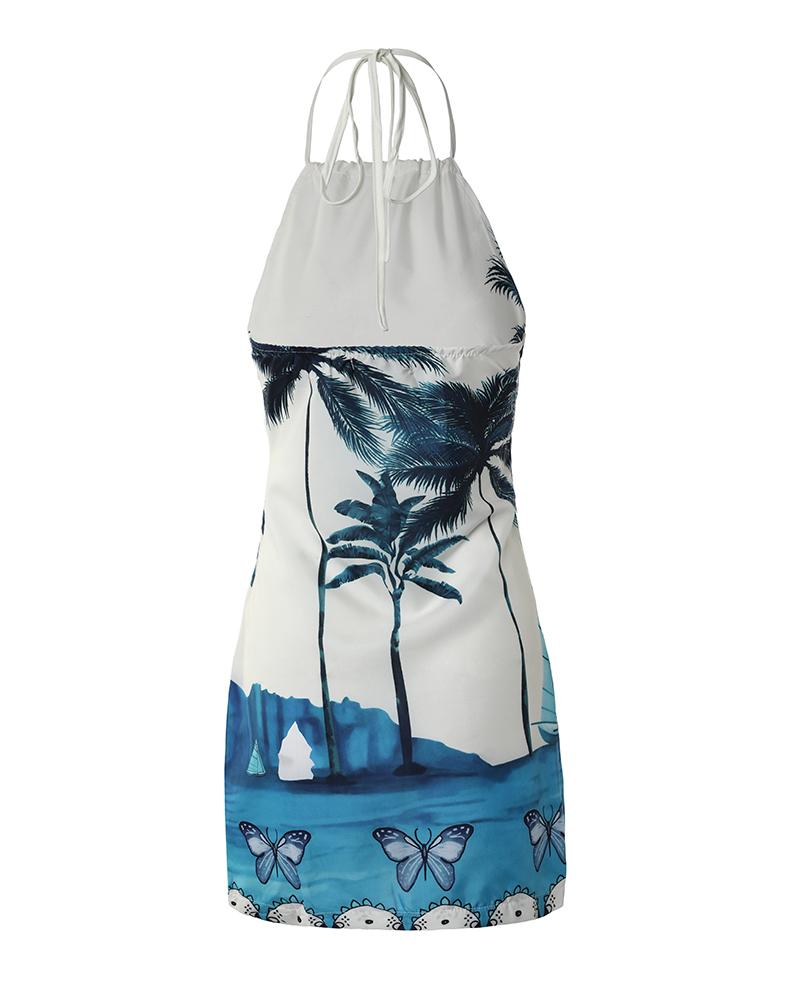 Landscape Butterfly Print Backless Dress