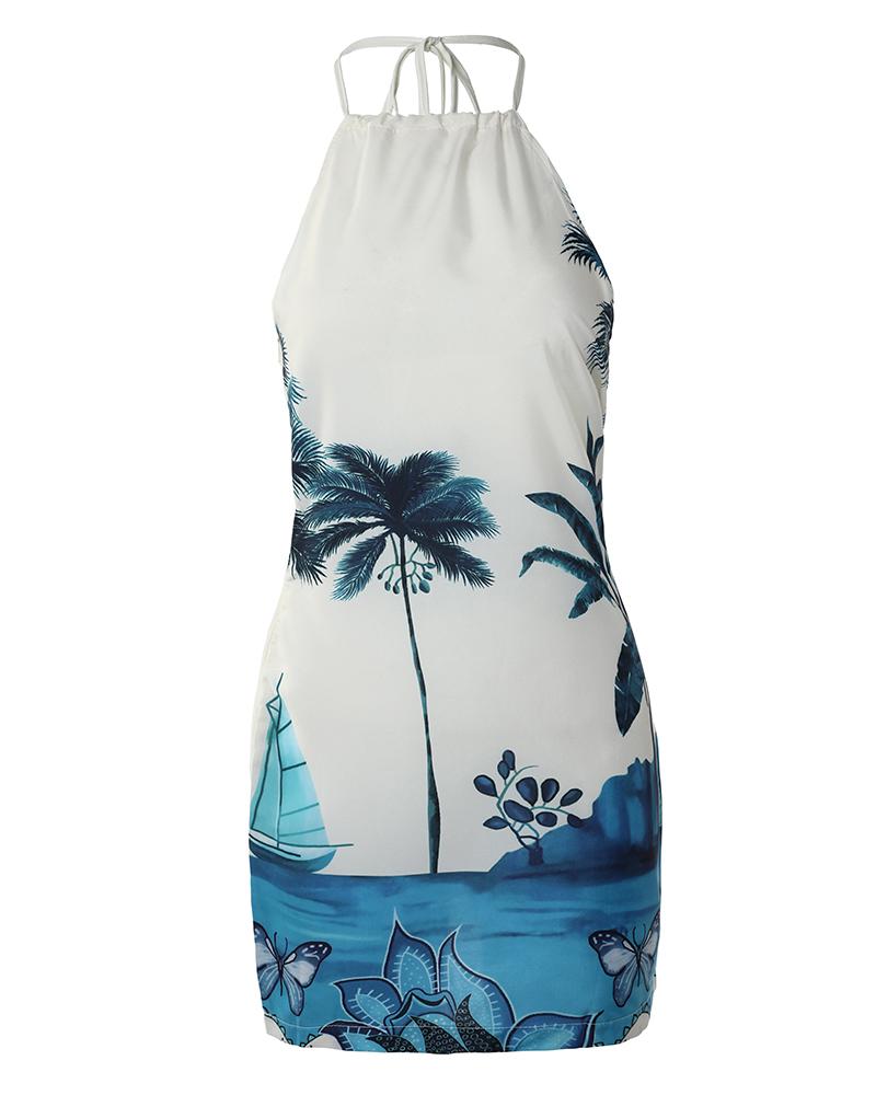 Landscape Butterfly Print Backless Dress