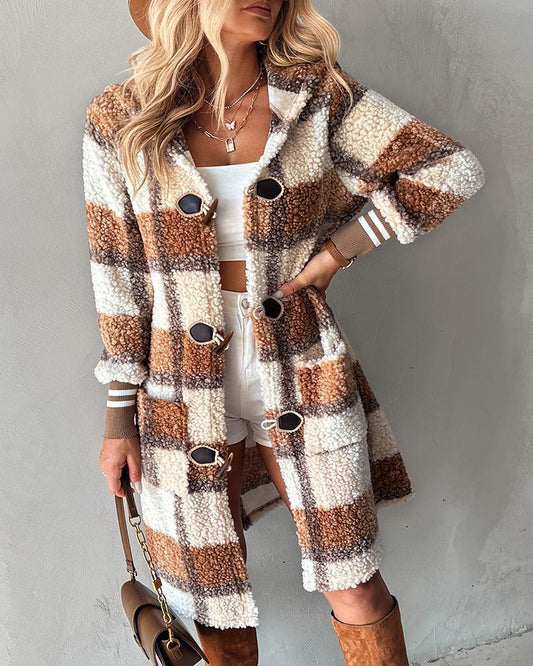 Plaid Print Horn Toggle Button Hooded Teddy Coat