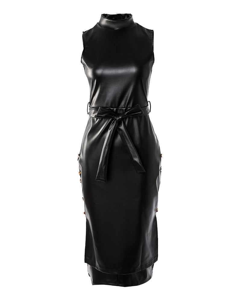 Buttoned Split Hem PU Leather Bodycon Dress