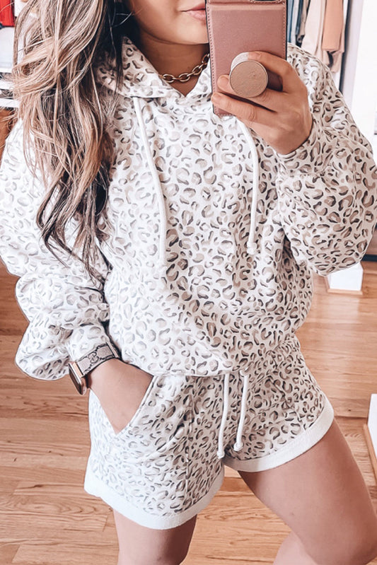 White Classic Leopard Hoodie and Shorts Set