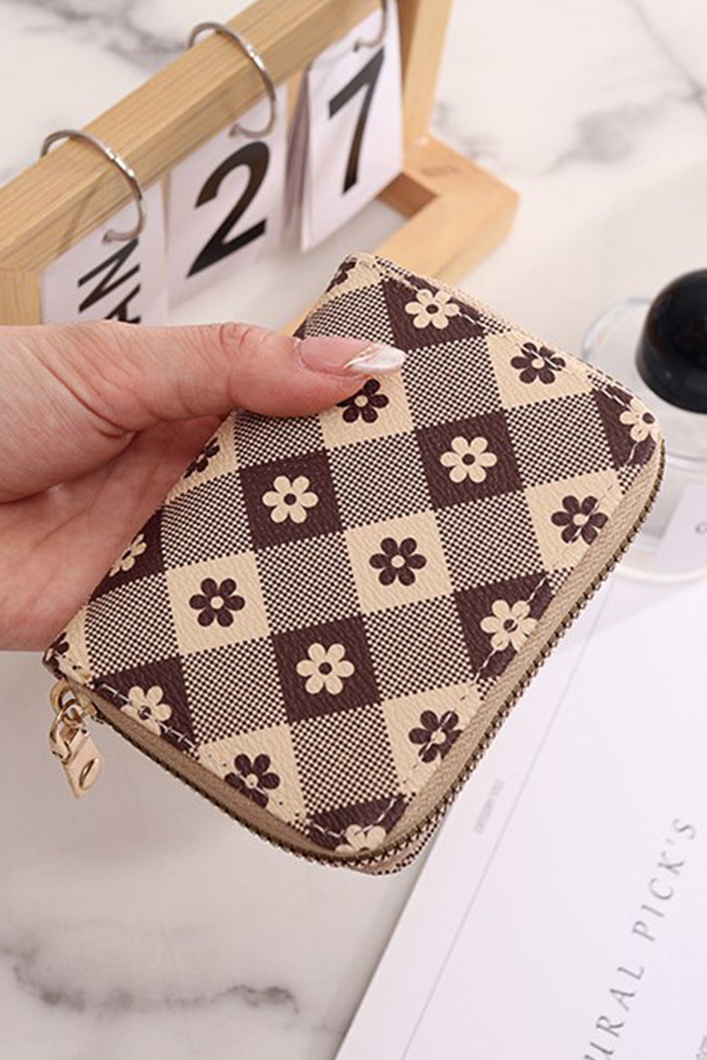 Khaki Flower Checkered PU Leather Wallet