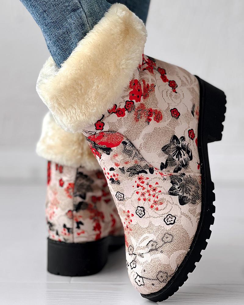 Floral Print Fuzzy Lined Ankle Boots