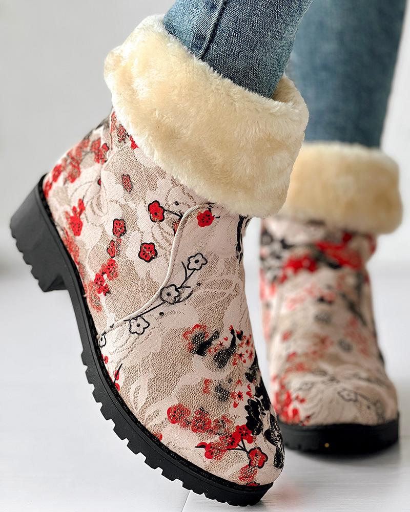 Floral Print Fuzzy Lined Ankle Boots