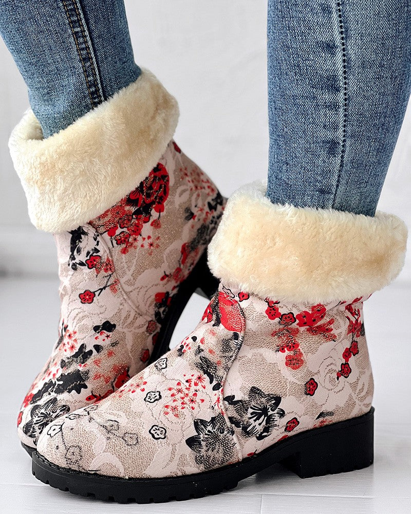 Floral Print Fuzzy Lined Ankle Boots