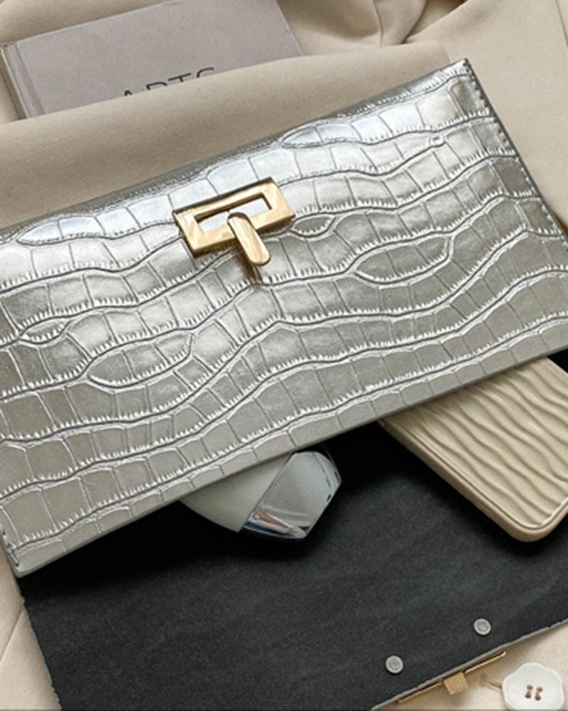 Crocodile Press Lock Envelop Flap Clutch Bag