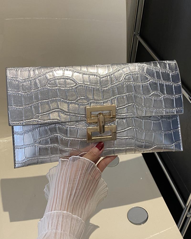 Crocodile Press Lock Envelop Flap Clutch Bag