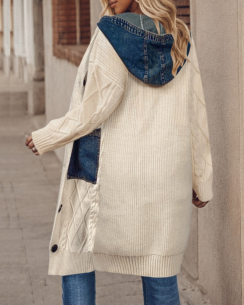 Argyle Textured Cable Knit Longline Cardigan Button Down Denim Patch Hooded Sweater Coat