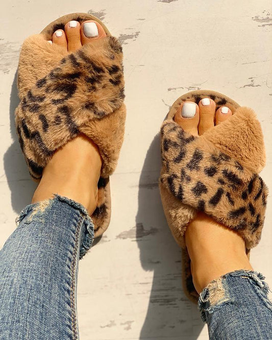 Fluffy Leopard Crisscross Peep Toe Slippers