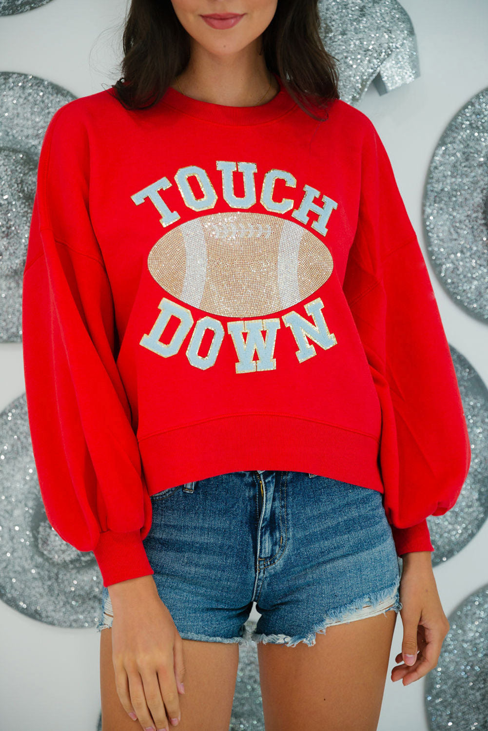 White TOUCH DOWN Football Graphic Pullover Sweatshirt