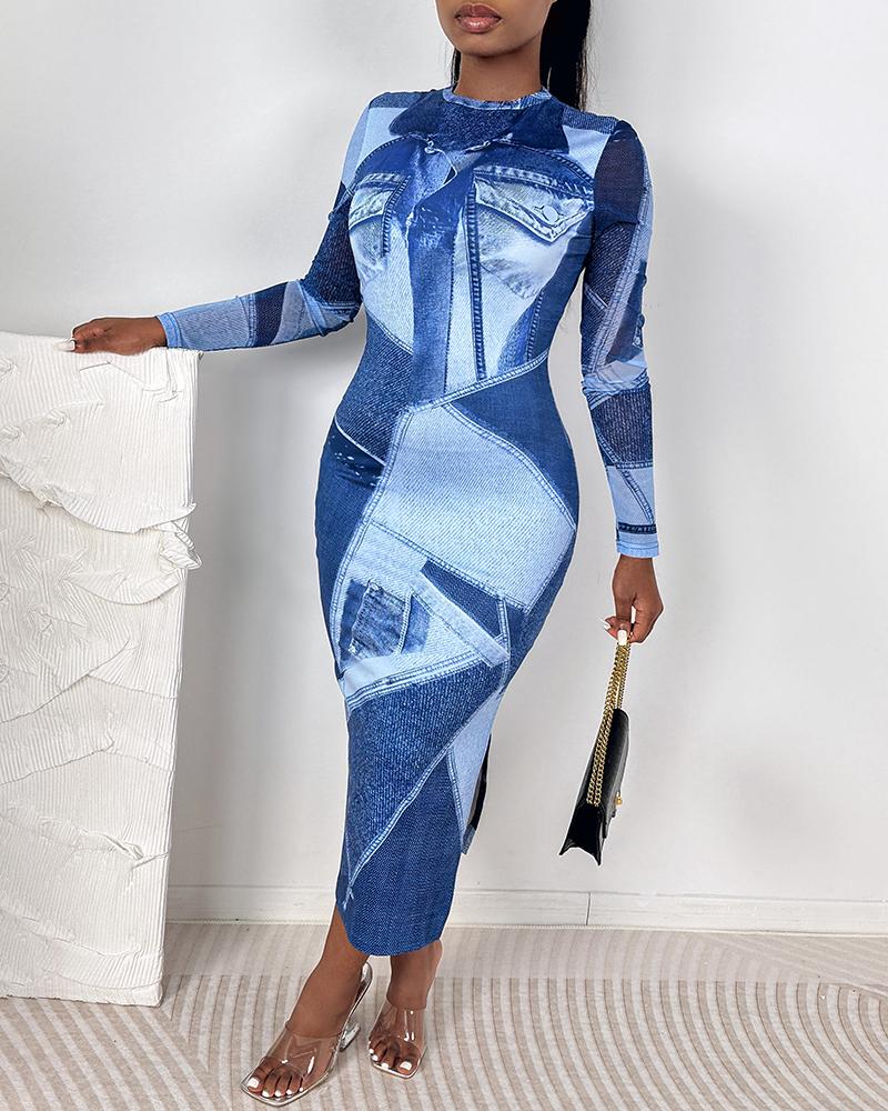 Denim Look Print O neck Bodycon Dress