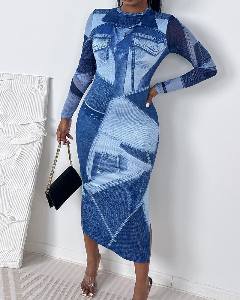 Denim Look Print O neck Bodycon Dress