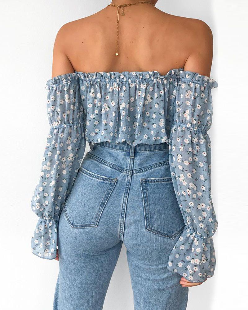 Floral Print Off Shoulder Frill Hem Blouse