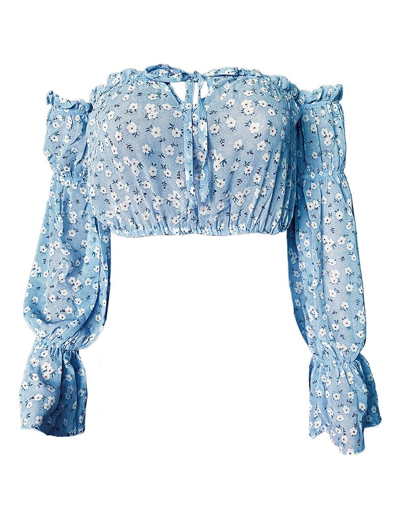 Floral Print Off Shoulder Frill Hem Blouse