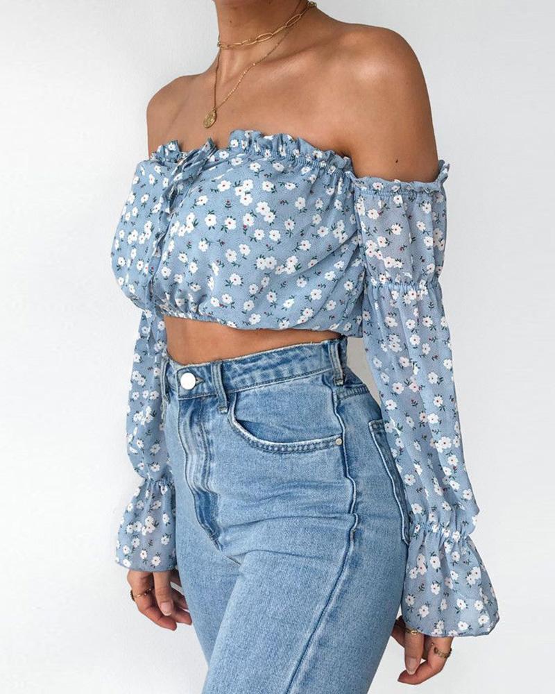 Floral Print Off Shoulder Frill Hem Blouse