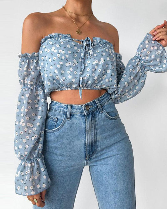 Floral Print Off Shoulder Frill Hem Blouse