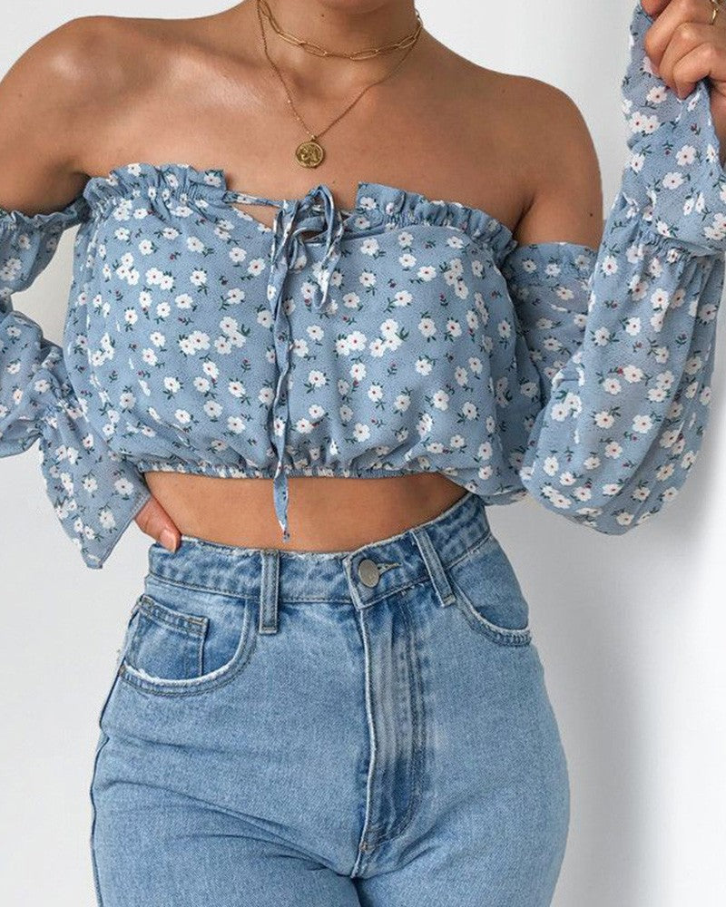 Floral Print Off Shoulder Frill Hem Blouse