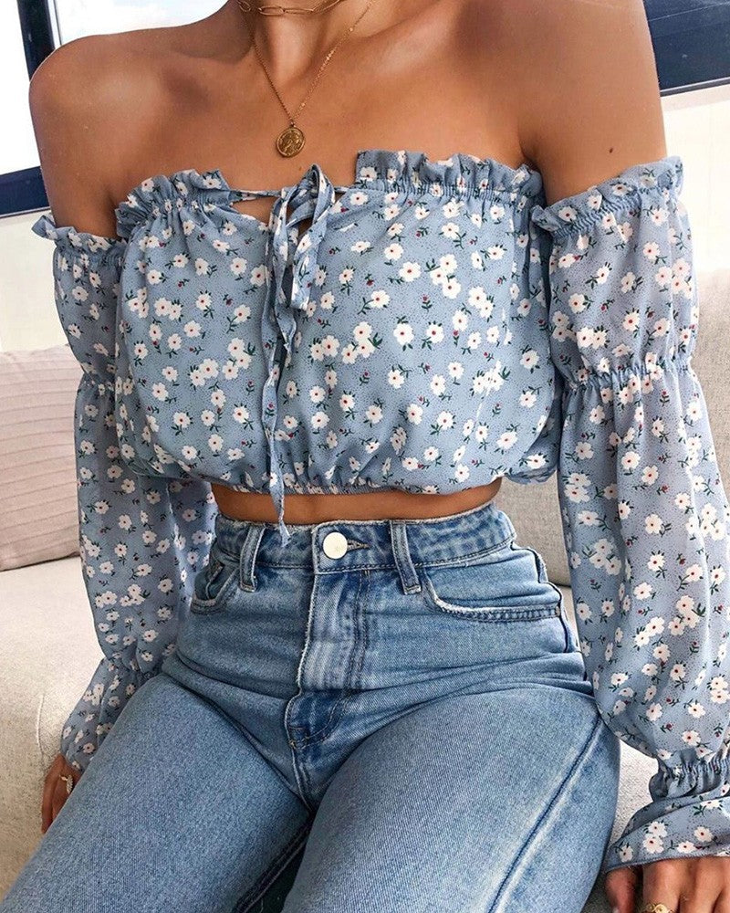 Floral Print Off Shoulder Frill Hem Blouse