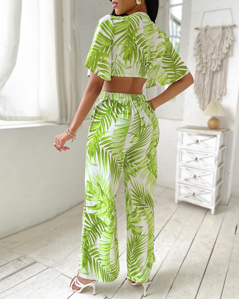 Palm Leaf Print Plunge Top & Wide Leg Pants Set