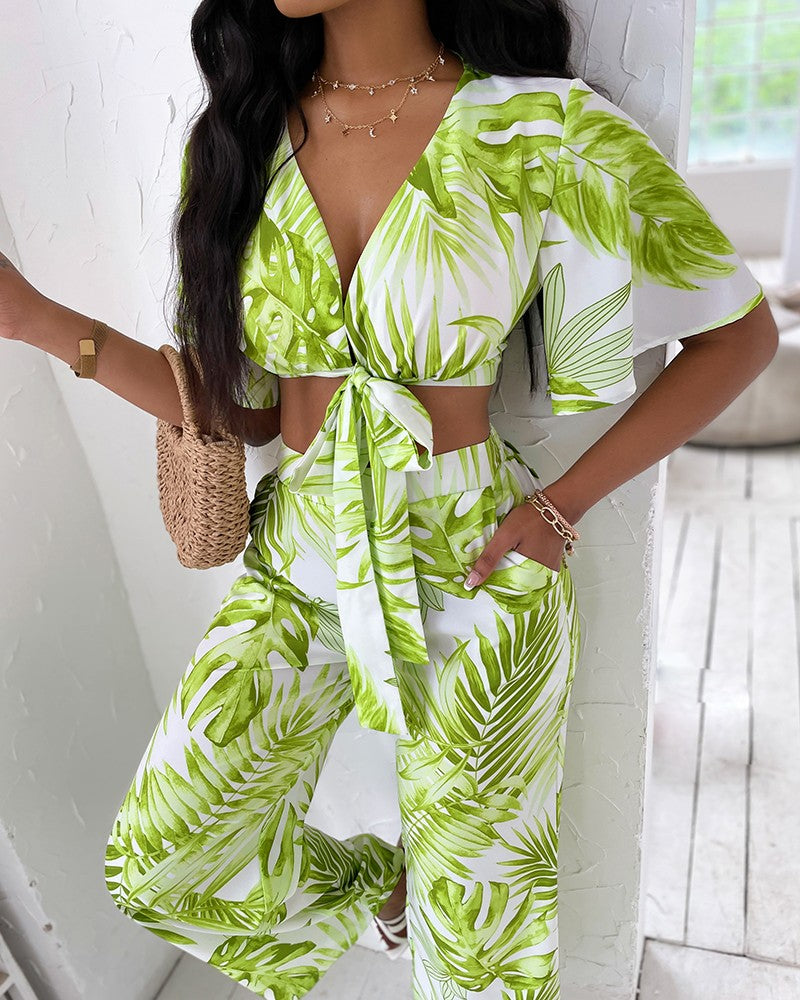 Palm Leaf Print Plunge Top & Wide Leg Pants Set