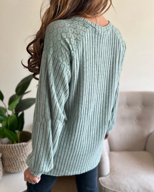 Long Sleeve Casual Crew Neck Dressy Sweatshirt Lace Patchwork Button Decor Pullover Top