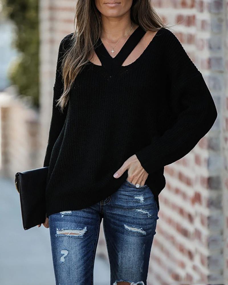 Cutout V Neck Drop Shoulder Sweater