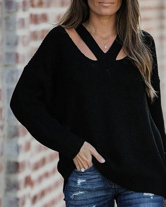 Cutout V Neck Drop Shoulder Sweater