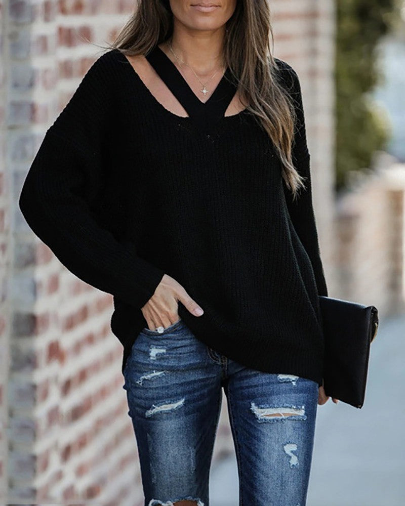 Cutout V Neck Drop Shoulder Sweater