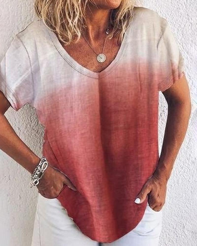 V neck Gradient Color Casual T shirt